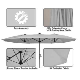Rectangular Dual-Sided Patio Fiberglass Ribs Umbrella with LED Lights 15 FT