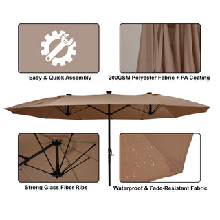 Rectangular Dual-Sided Patio Fiberglass Ribs Umbrella with LED Lights 15 FT