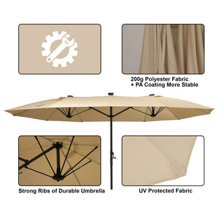 Rectangular Dual-Sided Patio Fiberglass Ribs Umbrella with LED Lights 15 FT