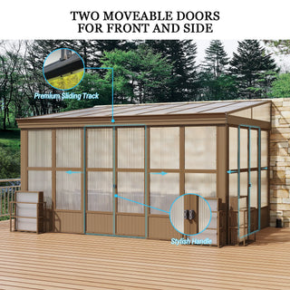 Wall Mounted Sunroom with Sloped Polycarbonate Roof & Sliding Doors