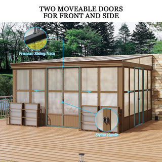 Wall Mounted Sunroom with Sloped Polycarbonate Roof & Sliding Doors