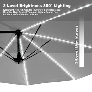 Rectangular Dual-Sided Patio Fiberglass Ribs Umbrella with LED Lights 15 FT