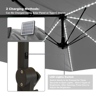 Rectangular Dual-Sided Patio Fiberglass Ribs Umbrella with LED Lights 15 FT
