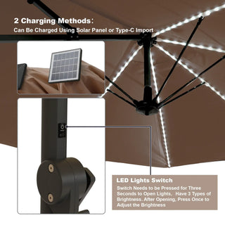 Rectangular Dual-Sided Patio Fiberglass Ribs Umbrella with LED Lights 15 FT
