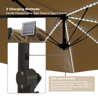 Rectangular Dual-Sided Patio Fiberglass Ribs Umbrella with LED Lights 15 FT