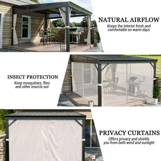 VineLull Outdoor Wall-Mounted Hardtop Pergora with Curtains and Netting